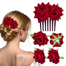 4 Pcs Red Rose Flower Hair Clips Accessories Bridal Hairstyles Combs Pins Brooch Mexican Bohemia Hairpin Ladies Handmade Party Supplies for Women Flamenco Dancer Christmas Wedding Birthday
