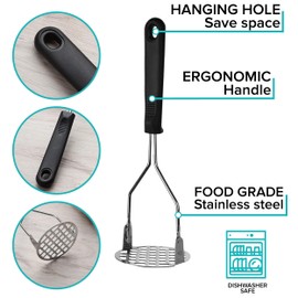 Potato Masher Stainless Steel Potato Ricer with Soft Grip Non-Slip Handle, Kitchen Non-Stick Food Masher for Mashed Potatoes, Baby Food, Jam, Vegetable & Fruits