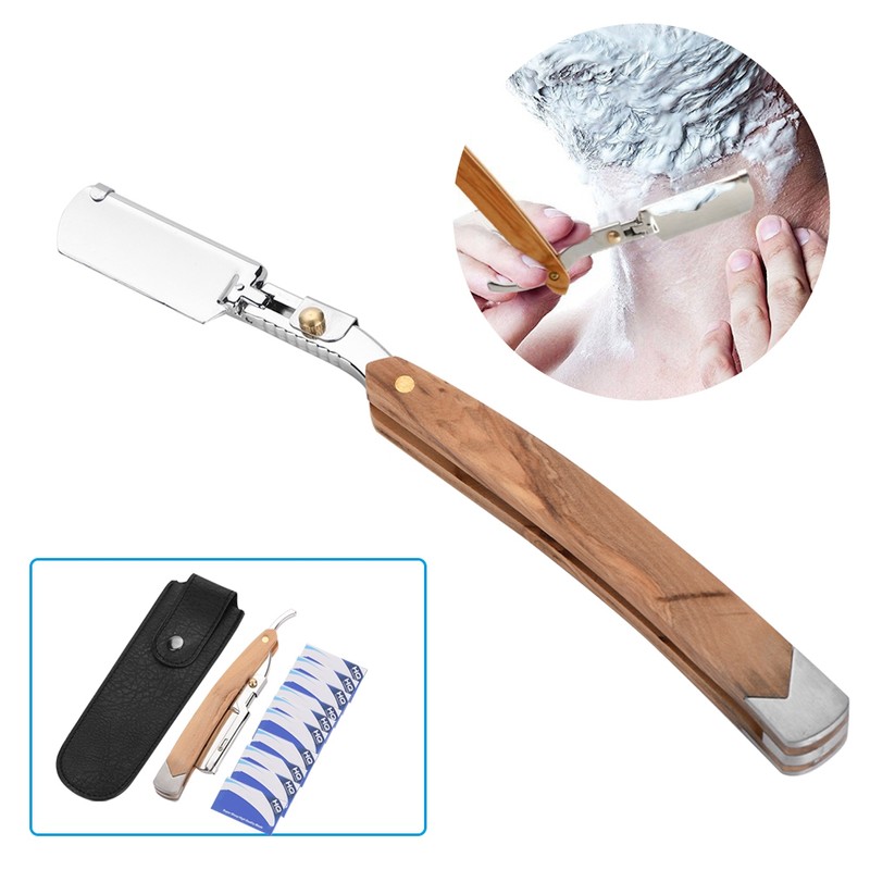 Retro Wood Handle 10pcs Blade Head Shaving Razor Folding Shaver