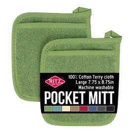 Ritz Terry Pocket Mitt & Hot Pad: Unparalleled Heat Resistant, Durable 100% Cotton – Ergonomically Designed for Optimal Grip – Easy-Care Machine Washable, Perfect for Your Kitchen – Cactus Green, 2-Pk