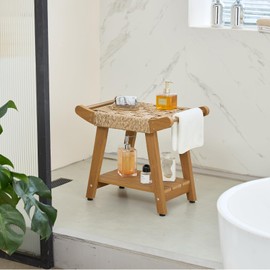 JemKelly Rattan Shower Bench seat with Storage Shelf,Poly Plastic Shower Bench for Shaving Legs, Comfortable Bath Shower Stool Chair for Spa Bathroom, Weather Resistant/Non-Slip/Handles (RO841N).