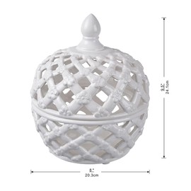 TREATLIFE HOME White Ceramic Lidded Jar with Lattice Design, Potpourri or Decorative Storage, 9.5 Inches Tall