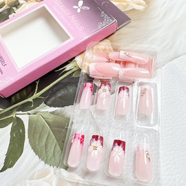 24 Pcs Pink Press on Nails Medium Square Pink French Tip Fake Nails with 3D Flower Rhinestones Designs White French False Nail Tips Stick on Nails Glossy Full Cover Glue on Nails for Women
