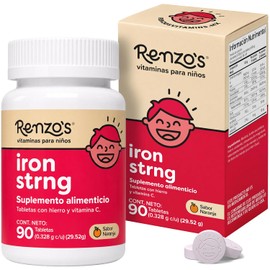 RENZO’S - Iron Strong suplemento de hierro para niños con vitamina C sabor naranja 90 tabletas masticables veganas