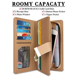 CHAOFANXI Women's Purse Hollow Leaf Pattern Bifold Leather Lady Long Purse Purse Zip Birthday Christmas Gifts for Women Girls, L Khaki, Stylish