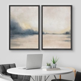 MUDECOR Framed Canvas Print Wall Art Set Gray & Tan Grunge Pastel Watercolor Landscape Abstract Shapes Illustrations Modern Art Decorative Boho for Living Room, Bedroom, Office - 24"x36"x2 Black