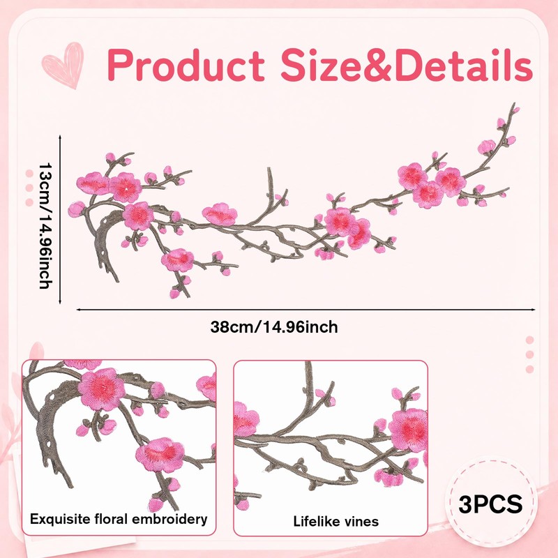 3PCS Cherry Blossom Iron on Patch Embroidered Floral Cherry Blossom