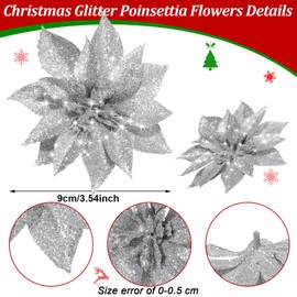 Jetec 30 Pcs Christmas Flower Tree Decoration Christmas Glitter Artificial Flower Shining Artificial Poinsettia Flower for Christmas Tree Decor Wreaths Floral Wedding Holiday Decor (Silver)