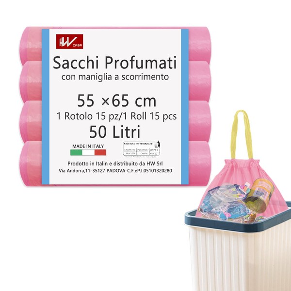 HW 60 Pieces 55 x 65 cm Strawberry Scent Trash Bags with Sliding Handle, Rolls of 15, Recyclable Trash Bags for Kitchen, Bathroom, Medium Container (Pink)
