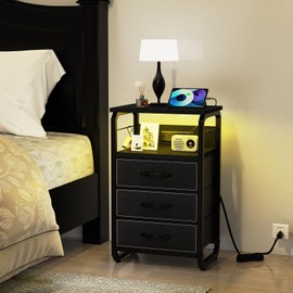 runjuly Bed Side Table with 3 Fabric Drawers, Black Night Stand, LED Nightstand with Hooks, Bedside Table with Charging Station, End Table with Storage, Night Table for Living Room, Bedroom, Dorm