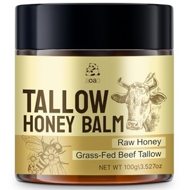 AOAO Bálsamo de miel de sebo para cara y cuerpo, hidratante con sarga de carne orgánica alimentada con pasto y miel silvestre cruda, no diluida, hidratación natural, calma y nutre la piel seca y