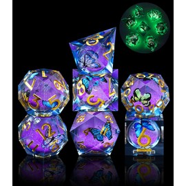 SIQUK 7 Pieces Liquid Core Dice Butterfly DND Dice Play Cube Glow in the Dark Polyhedral Dice Set D4 D6 D8 D10 D12 D20 D% for DND RPG MTG