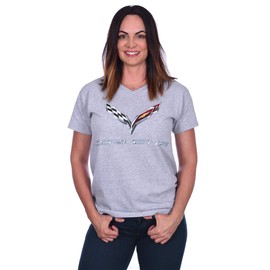 JH DESIGN GROUP Women's Chevy Corvette C7 Emblem T-Shirt Black Red Heather-Gray (US, Alpha, Large, Regular, Regular, Heather Gray - V-Neck)