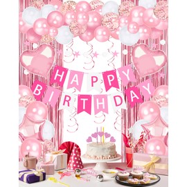Lutoys Pink Happy Birthday Party Decorations, Happy Birthday Banner, Pink Foil Heart Star Confetti Balloons Curtain Backdrop Hanging Swirls Butterfly Party Decor for Girls Women Princess