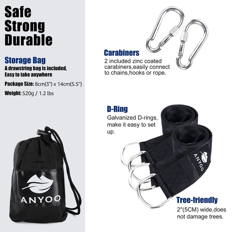 Anyoo Tree Swing Straps Hanging Kit,Durable Straps,Heavy Duty Steel Carabiners,Easy