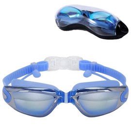 BREEZEE Goggles de Natación Antivaho Ajustables Con Estuche Portátil Y Protección UV 400, Para Adultos y Niños; Protectores De Oido Integrados, Diseño Hermético Tipo Espejo, Gafas de Natación Unisex