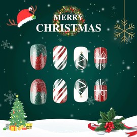 Vokupoga Christmas Press on Nails Short Almond Fake Nails Glitter False Nails with Xmas Tree Designs Glue on Nails Short Christmas Nails Glossy Artificial Nails Cute Stick on Nails for Women 24Pcs