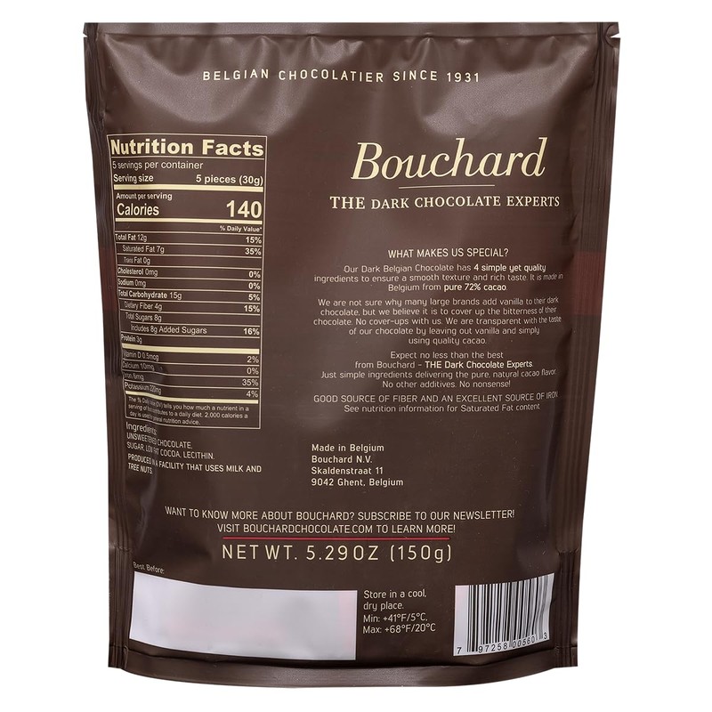 Bouchard Premium Belgian Dark Chocolate with 72% Cacao (5.29 OZ