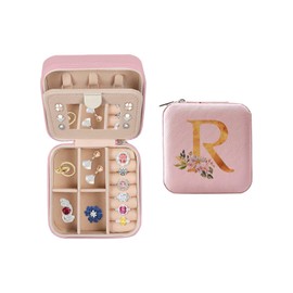 My Daily Travel Jewelry Case - Small Jewelry Box for Women Girls Gift Organizer Leather Jewelry Holder Boxes with Mirror, Pink, Initial R