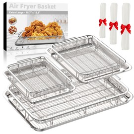 Air Fryer Basket for Oven, 3 Set Stainless Steel Oven Air Fryer Basket and Tray with 90 PCS Parchment Papers, OPENICE Air Fryer Pans and Crisper Tray - 18.7" x 12.8", 15.6" × 11.6" & 12.8" × 9.6"