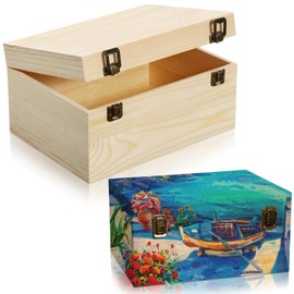2 Pcs Unfinished Wood Box Natural Large Wooden Box 13 x 9.8 x 6.3 in, 10.6 x 7.9 x 5.5 in Pine Art Storage Boxes with Hinged Lid and Front Clasp for DIY Craft Hobbies Home Jewelry Keepsake Treasure
