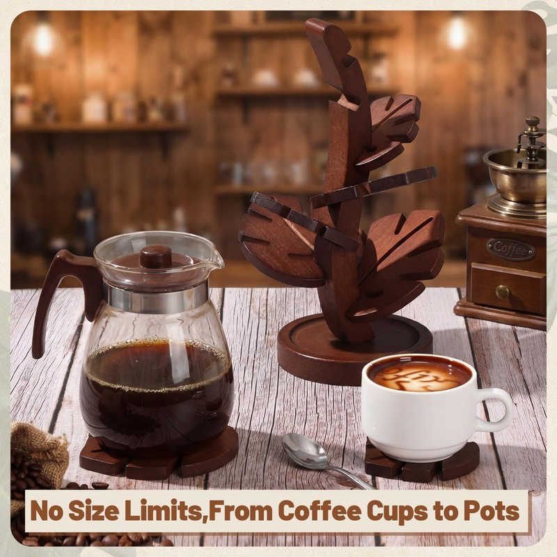 Zhehao 7 Pcs Bamboo Wooden Tree Trivets with Storage Stand,