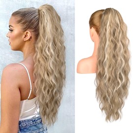 REECHO Ponytail Extension, 66 cm Long Beach Wavy Drawstring Ponytail Hair Extension Synthetic Ponytail Hairpiece for Women - Ash Blonde with Highlights