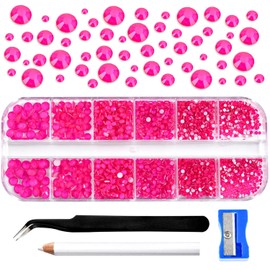 Blinginbox 2100pcs Rhinestone For Nail Art Phone wallet Clothes Shoes Round Gems Flatback Glass Stones With Tweezers Pen Sharpener SS4-20 Mix 6 Size 1.4-4.8mm Rose Neon