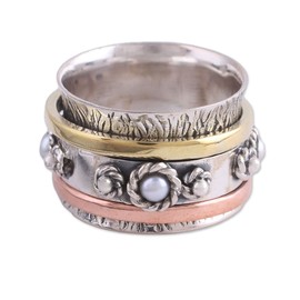 NOVICA Artisan Handcrafted Cultured Pearl Meditation Spinner Ring Sterling Silver with Brass Copper Freshwater Metallic Tone White Band India Birthstone [band Width 13 mm W] ' Spinning Blossom'