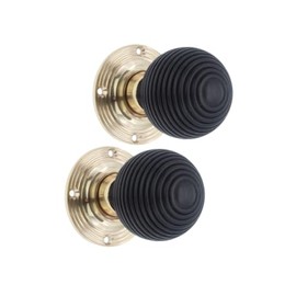 Infinity Decor Pair of Traditional Style Ebony Wood Beehive Rim Door Knobs Set 55mm Polished Brass Rose Wooden Handles – Suitable for Interior & Exterior Doors  