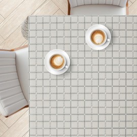 KP HOME PVC Washable Tablecloth - Square 140 x 140 cm, Beige Oilcloth Tablecloth with Linen Look, Waterproof, Wipe Clean Tablecloth with Minimalist Check Pattern, for Outdoor and Indoor Use