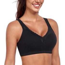 DotVol Women's Comfort Cotton Bra Full Coverage Wirefree Embroidered Lace Non Padded Lift Everyday Bras(Black,40D)