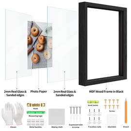 YOTINTIN 12x12 Floating Picture Frame Set of 2, Double Glass Photo Frame Wooden Frame for Wall Mount or Tabletop Displays for 8x10, 10x10 inch Pictures, Plane Edge Frames, Black