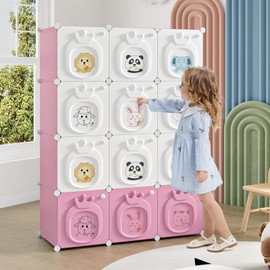 MAGINELS Kids Wardrobe Closet,Baby Closet Cabinet with Door.Baby Girls Armoires Organizer for Bedroom.Two Open Hanging Children Costume Area and 8 Cube Stroage.Pink(42x14x56inch)