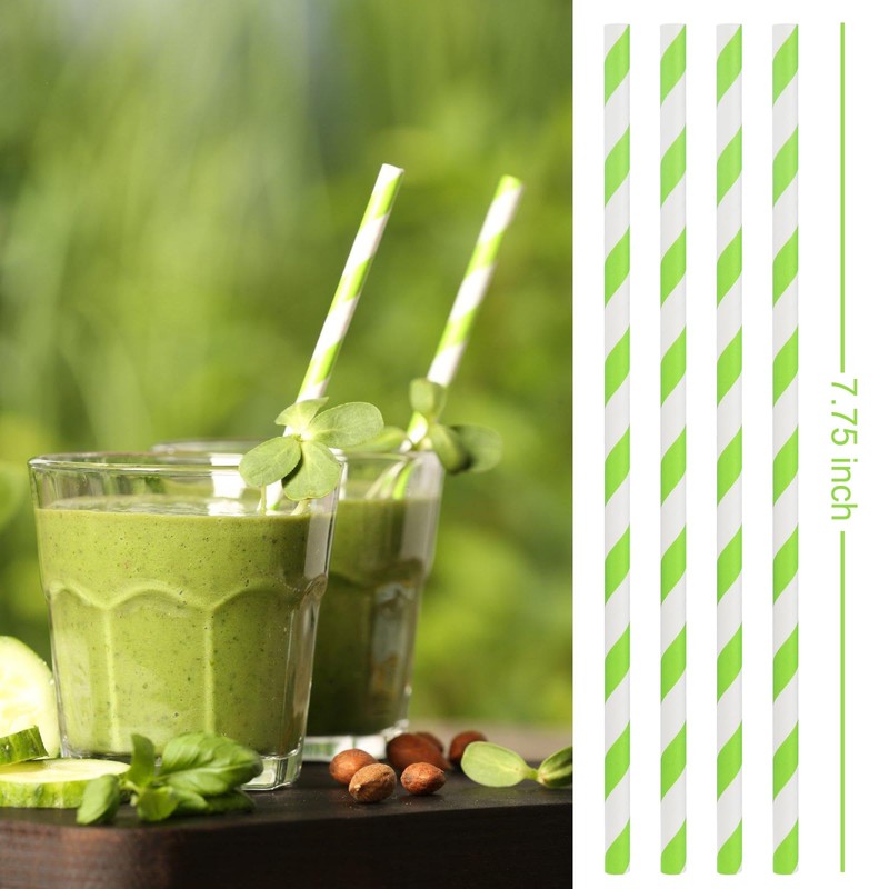 ALINK 100 Light Green and White Striped Paper Straws, Biodegradable