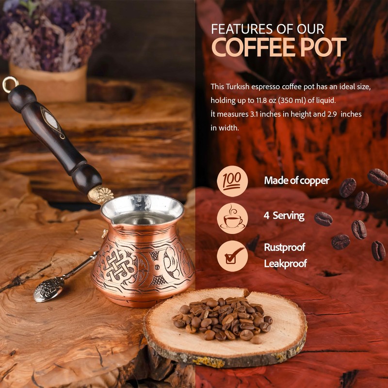 12 Oz Copper Turkish Greek Arabic Coffee Pot with Copper