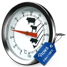 VIOKS Meat Thermometer Oven 0 to +120°C - Stainless Steel Steak Thermometer 43 mm Diameter with Penetration Sensor 130 mm - Meat Thermometer for Precise Temperature Measurement of Different Meats