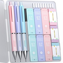 Four Candies Pastel Mechanical Pencil Set - 3PCS 0.7mm Mechanical Pencils with 360PCS HB Lead Refills, 3PCS Erasers and 9PCS Eraser Refills, Cute Mechanical Pencils for School Drawing & Writing