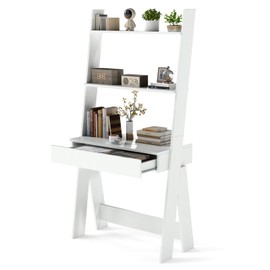 Tangkula Ladder Desk with Countertop & Drawer, Home Office Computer Laptop Table with Open Shelves & Anti-Tip Kits, Wall-Leaning Compact Working Station for Small Spaces (White)