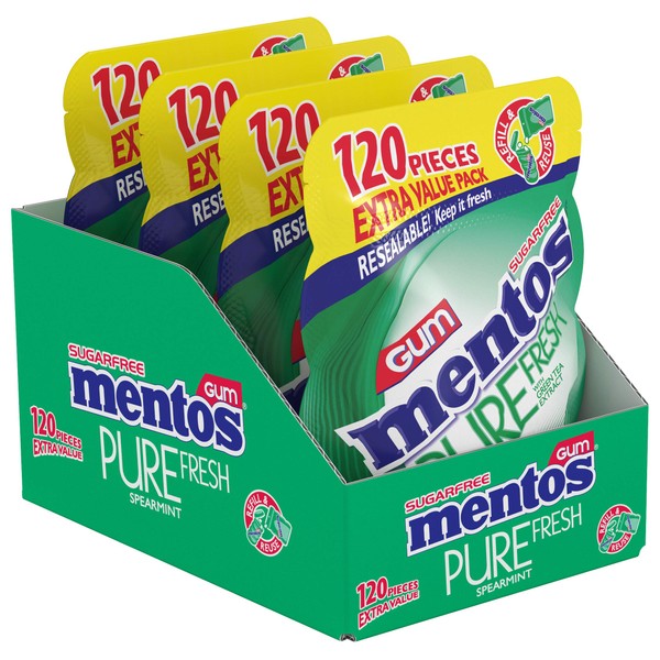Mentos Pure Fresh Sugar-Free Chewing Gum with Xylitol, Spearmint, 120 Piece Resealable Bag (Bulk Pack of 4)
