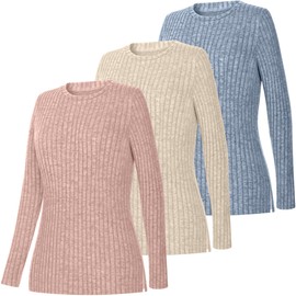 Huukeay 3 Pack Women's Long Sleeve Shirts Lightweight Tunic Sweaters with Side Split Crew Neck Casual Tops 2025 Trendy(Blue-Gray,Cream,Light Pink,X-Large)