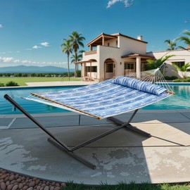 SUPERJARE Hammock with Stand, 2 Person Quilted Outdoor Hammock, Detachable Pillow & Bamboo Spreaders, Portable Hammock with Carrying Bag, Heavy Duty Stand, Perfect for Outside, Patio, Dark Cyan