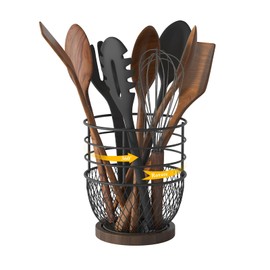 SODSAI 360° Rotating Utensil Holder with Premium Wooden Base, Large Iron Kitchen Organizer for Countertop, Farmhouse & Modern Style Kitchen Storage Basket