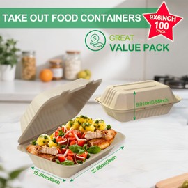 Hokimder Compostable Clamshell Food Containers [9x6 Inch 100-Pack] Disposable To Go Food Containers, Clamshell To Go Boxes for Food, Biodegradable Eco-Friendly Take Out Boxes Made of Sugar Bagasse