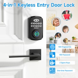 Keyless Entry Fingerprint Door Lock - PHYSEN Smart Deadbolt Set for Front Door - Electronic Digital Keypad Lock - Biometric- Auto Lock - Easy Installation - Matte Black