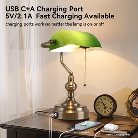Liylan Green Glass Banker's Desk Lamp, Antique Banker Desk Lamps, Traditional Library Lamp with USB Charging Port, Vintage Desk Lamp for Office, Study Room, Pull Chain Switch