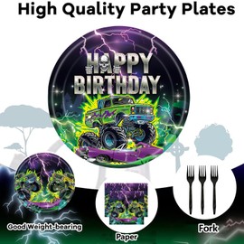96PCS Monster Truck Birthday Party Supplies, Monster Theme Jam Party Decorations Tableware, Plate, Napkin, Fork, Monster Truck Birthday Plate And Napkin Decorations Dinnerware