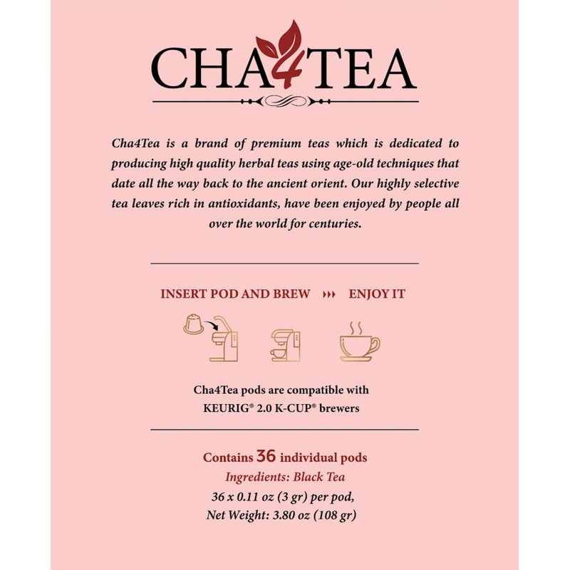 Cha4TEA 36-Count Black Tea Pods Compatible with Keurig K-Cup Brewers