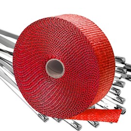 Eyaeyao Exhaust Wrap, Heat Wrap for Exhaust Pipes, Header Wrap,Exhaust Heat Wrap Roll For Motorcycle Fiberglass Heat Shield Tape With 10 Pcs Stainless Ties | Universal (Red, 2" x 16.4')