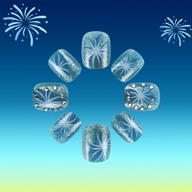 Square Press on Nails Short Fake Nails with Designs Fireworks Glue on Nails Rhinestone False Nails Blue Bling Sequins Acrylic Nails Glitter Full Cover Stick on Nails for Women 24Pcs